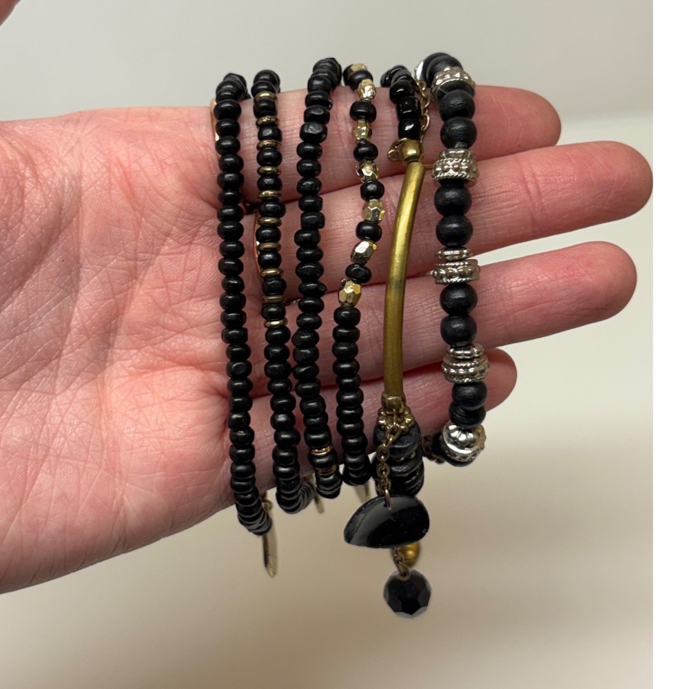 Black Beaded Stretch Bracelet 6 piece set Mixed Metal Charms Boho Stackable